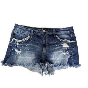 KanCan Dark Denim Pearl Ripped Shredded Distressed Cutoff Denim Short 31 Stretch
